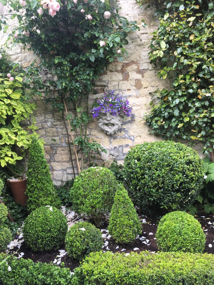 stone wall with decorative head planted with lobelia surrounded by ivy and topiary